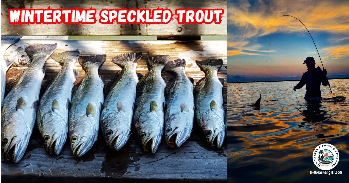 Tips and Tactics for Wintertime Speckled Trout featured image showing an angler wading at sunrise next to a table with speckled trout ready to be filleted.