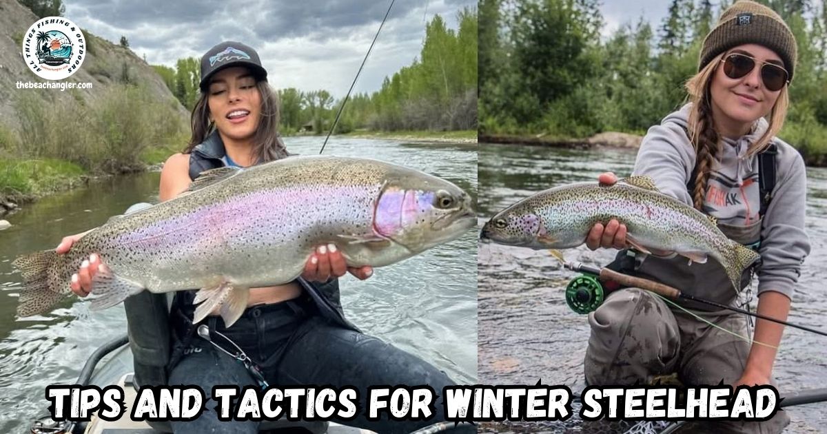 Tips and Tactics for Winter Steelhead featured image showing two lady anglers kneeling along the river bank holding up nice steelhead.