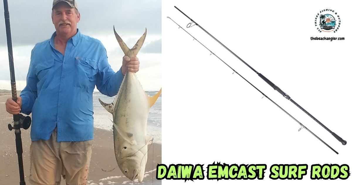 Daiwa Emcast Surf Rods Review featured image showing Ken Kuhn holding a large jack crevalle caught from the Texas surf.
