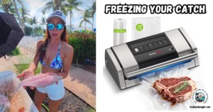 Packing and Storing Your Fish for Freezing featured image showing a lady angler with a fresh fish filet next to an image of a vacuum packing machine.