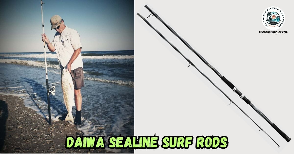 Daiwa Sealine Surf Rods featured image showing the author with an oversized red drum on the Matagorda Texas beach.