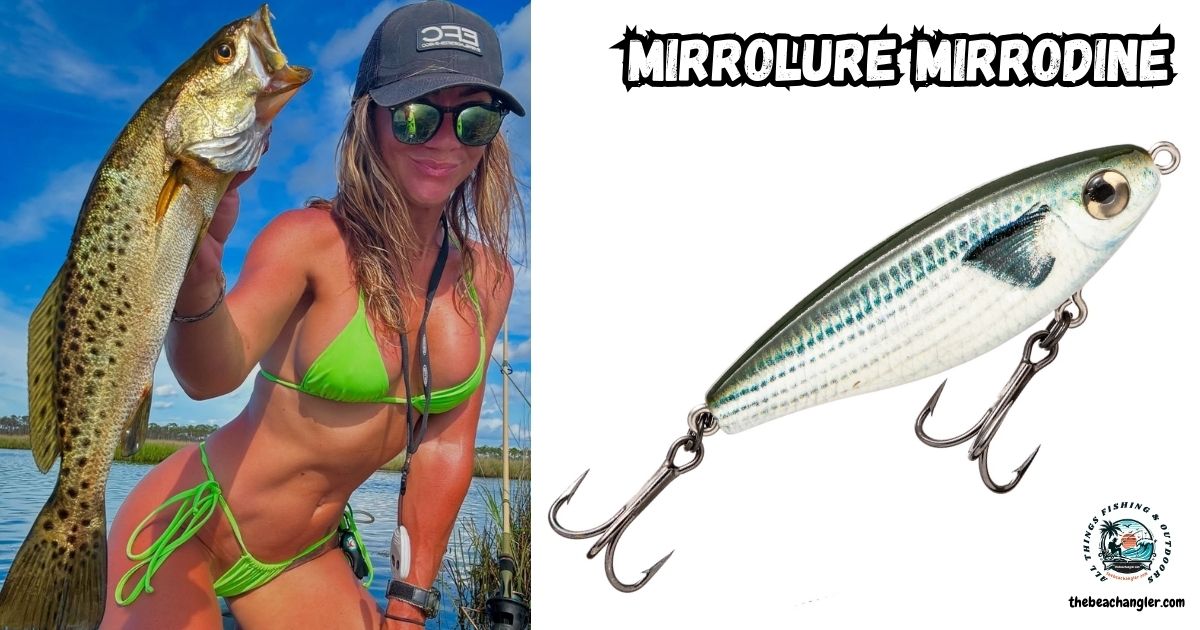 Mirrolure Mirrodine featured image showing lady angler holding up a nice speckled trout next to an image of the Mirrolure Mirrodine lure.