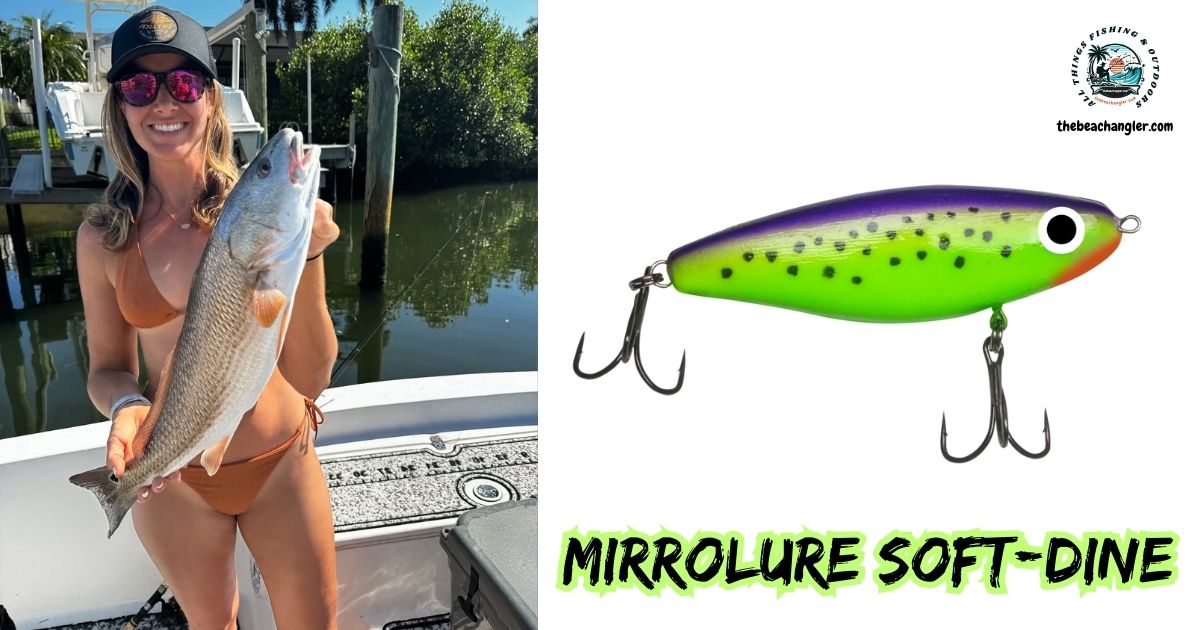 Mirrolure Soft-Dine Lure Review featured image showing lady angler, in a boat, holding a nice slot redfish, next to an enlarged image of the Mirrolure Soft-Dine Lure.