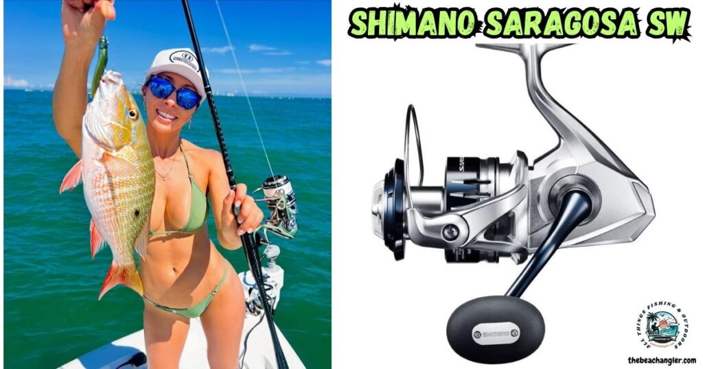 Shimano Saragosa SW featured image showing a lady angler in a boat with a nice snapper caught using a Shimano Saragosa SW spinning reel.
