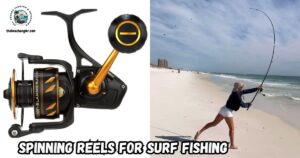 Spinning Reels for Surf Fishing featured image showing a Penn Slammer Reel and an image of a lady angler casting her spinning rod and reel from the beach.