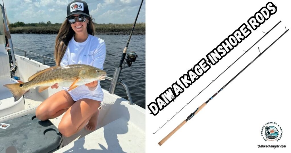 Daiwa KAGE Inshore Rods featured image showing a lady angler kneeling in a boat holding a nice red drum.