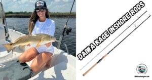Daiwa KAGE Inshore Rods featured image showing a lady angler kneeling in a boat holding a nice red drum.