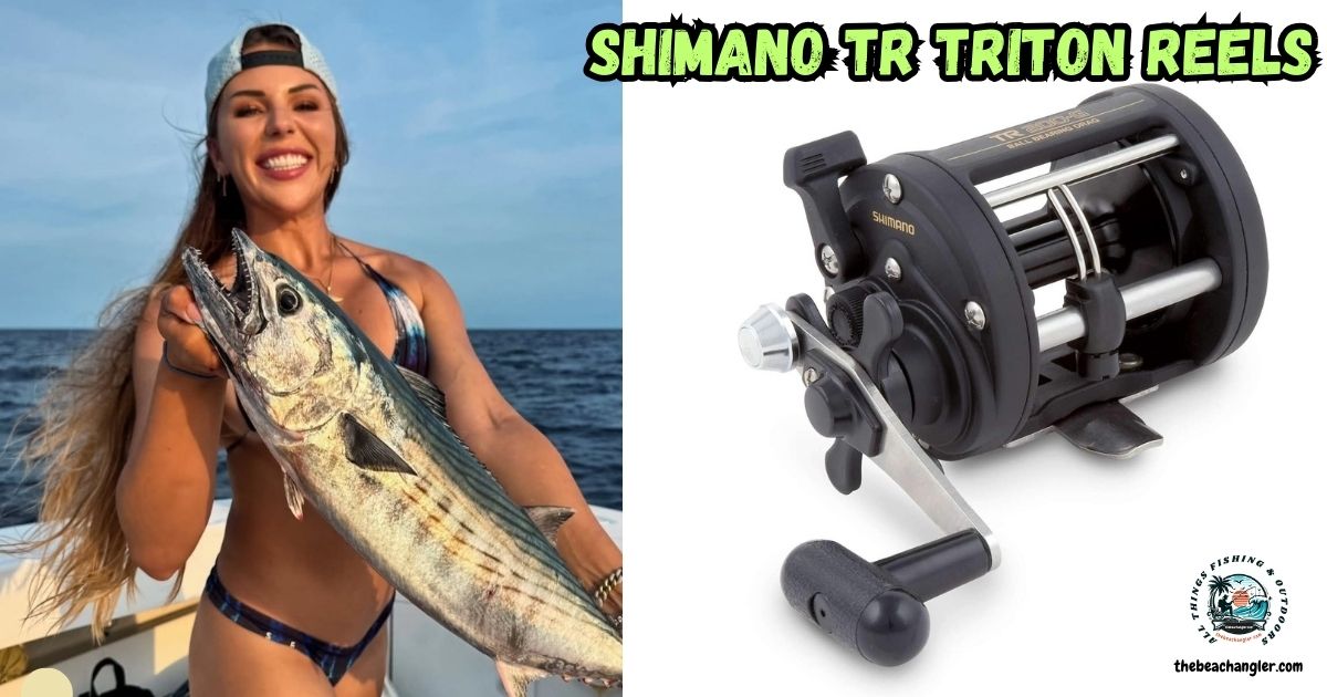 Shimano TR Triton Reels featured image showing a lady angler standing in a boat holding a large skipjack tuna.