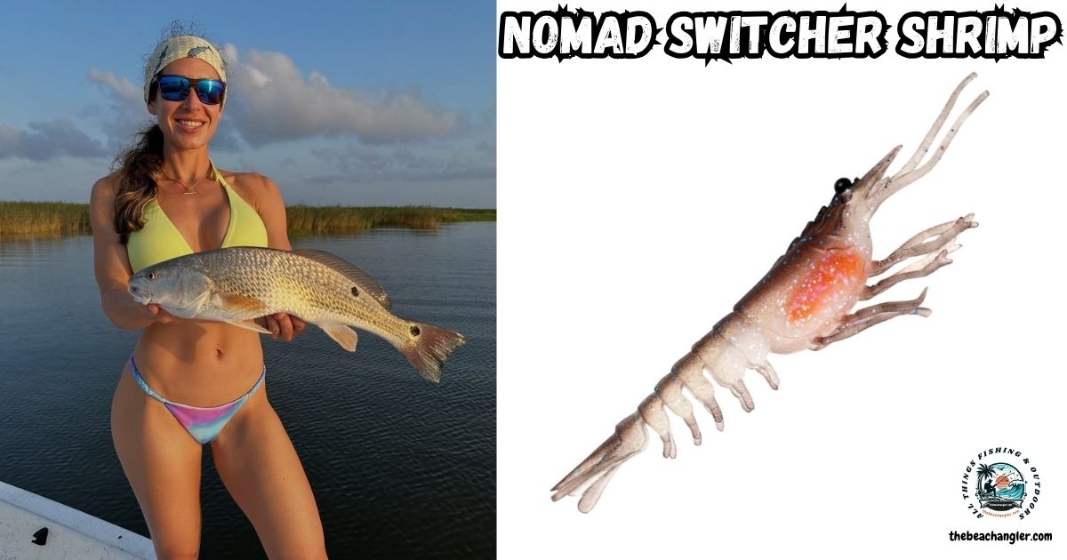 Nomad Switcher Shrimp featured image showing a lady angler standing in a boat holding a slot red drum.