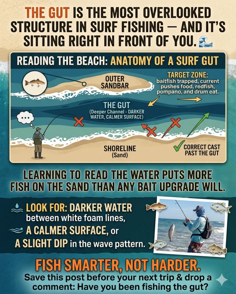 Infographic of fishing the guts for surf fishing success.