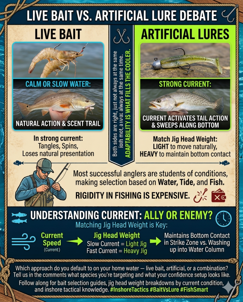 Live Bait vs Artificial Lures infographic.